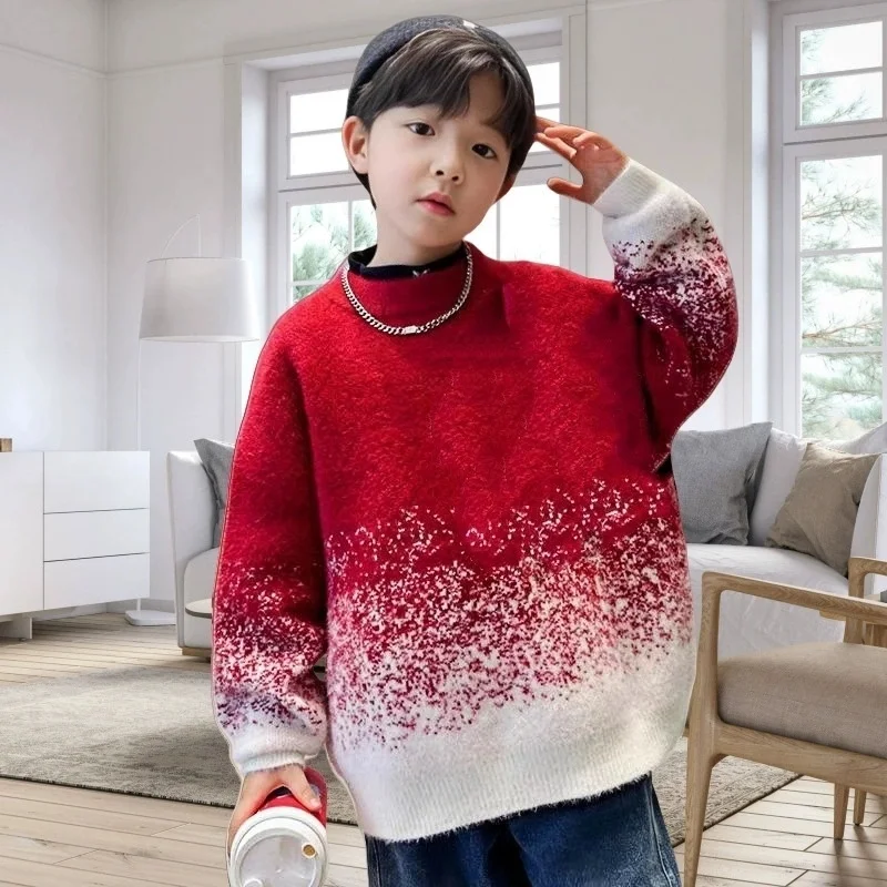 

Boys Sweater Wool Coat Kids Tops Knitting 2025 Scoop Spring Autumn Plus Thicken Cottons Pullover Teenagers Children's Clothing