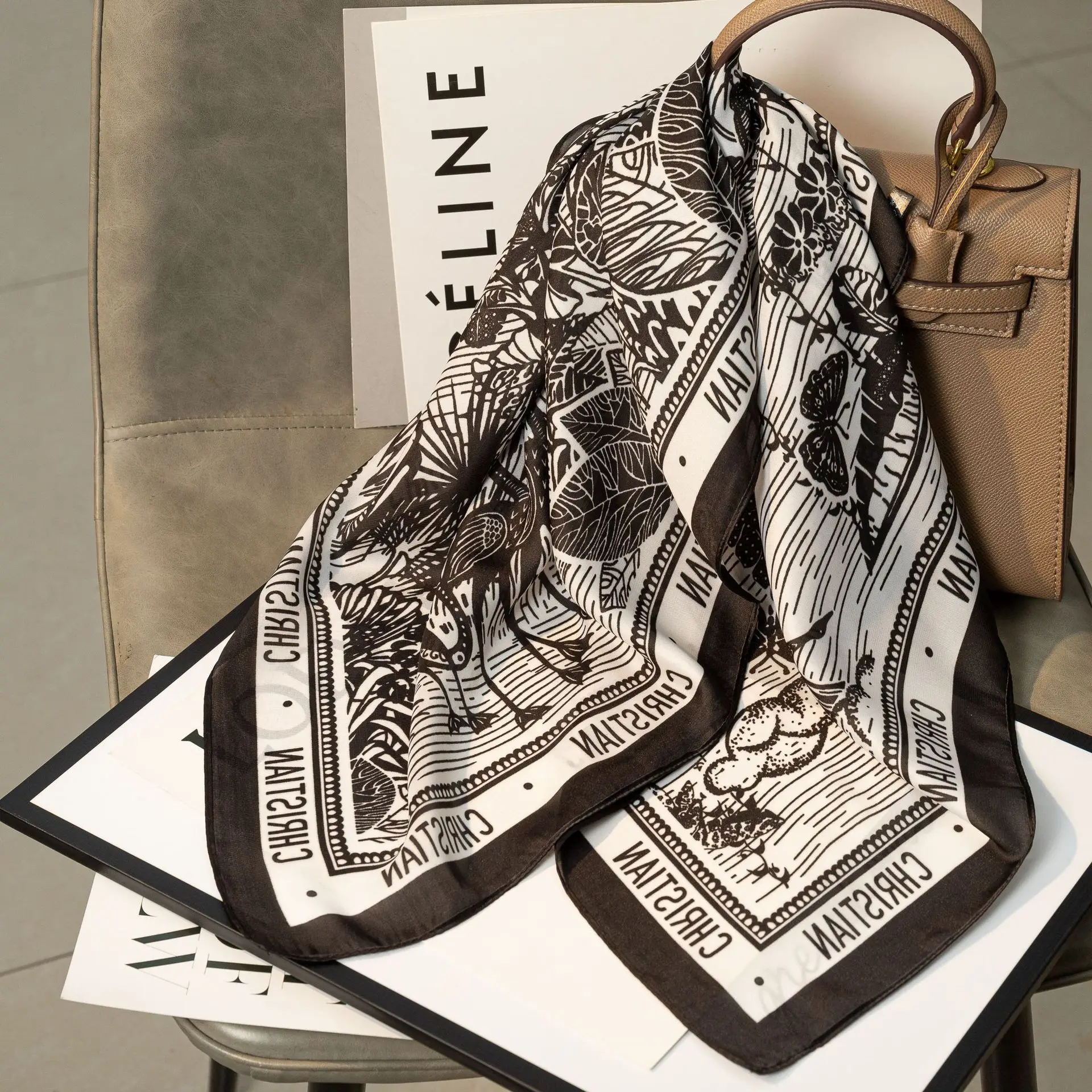 Luxury Brand Print Designer 70cm Square Silk Satin Scarf Women Shawl Scarves Female Hair Hand Wrist Foulard Hijab Bandana