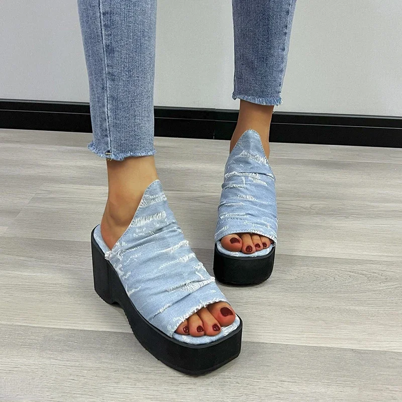 ผู้หญิงแฟชั่น DENIM Blue Wedges รองเท้าแตะฤดูร้อน Chunky Platform รองเท้าส้นสูงรองเท้าแตะผู้หญิงหนา Soled รองเท้าชายหาด PLUS ขนาด 43