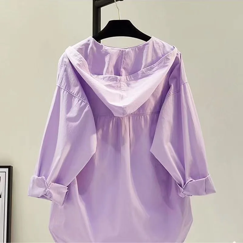 2023 New Pink Hooded Pure Cotton Shirt Thin Coat Women\'s Spring/Summer Single Pocket Casual Sunscreen Shirt Cardigan Blouse