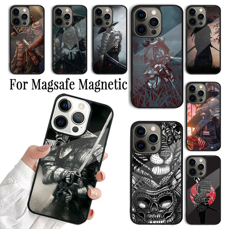 Coque Phone Case For iPhone 16 15 14 13 12 Mini 11 Pro Max Plus Magsafe Magnetic Wireless Charging Cover Samurai Warrior