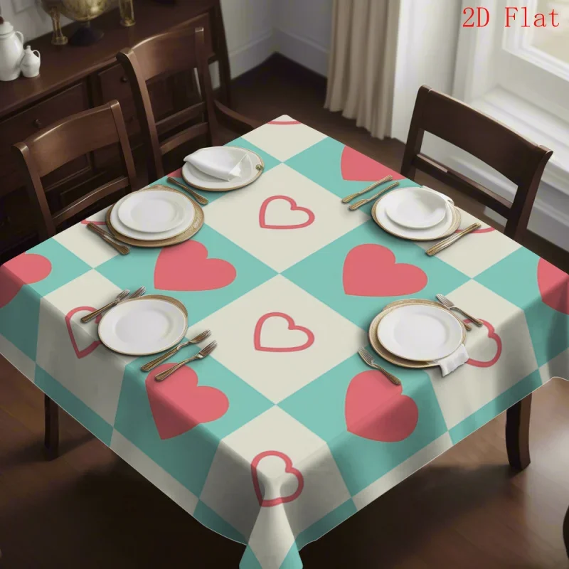 【2D flat banner】 Polyester square tablecloth, with a fresh style of heart-shaped checkered pattern in pink and blue colors.xzj