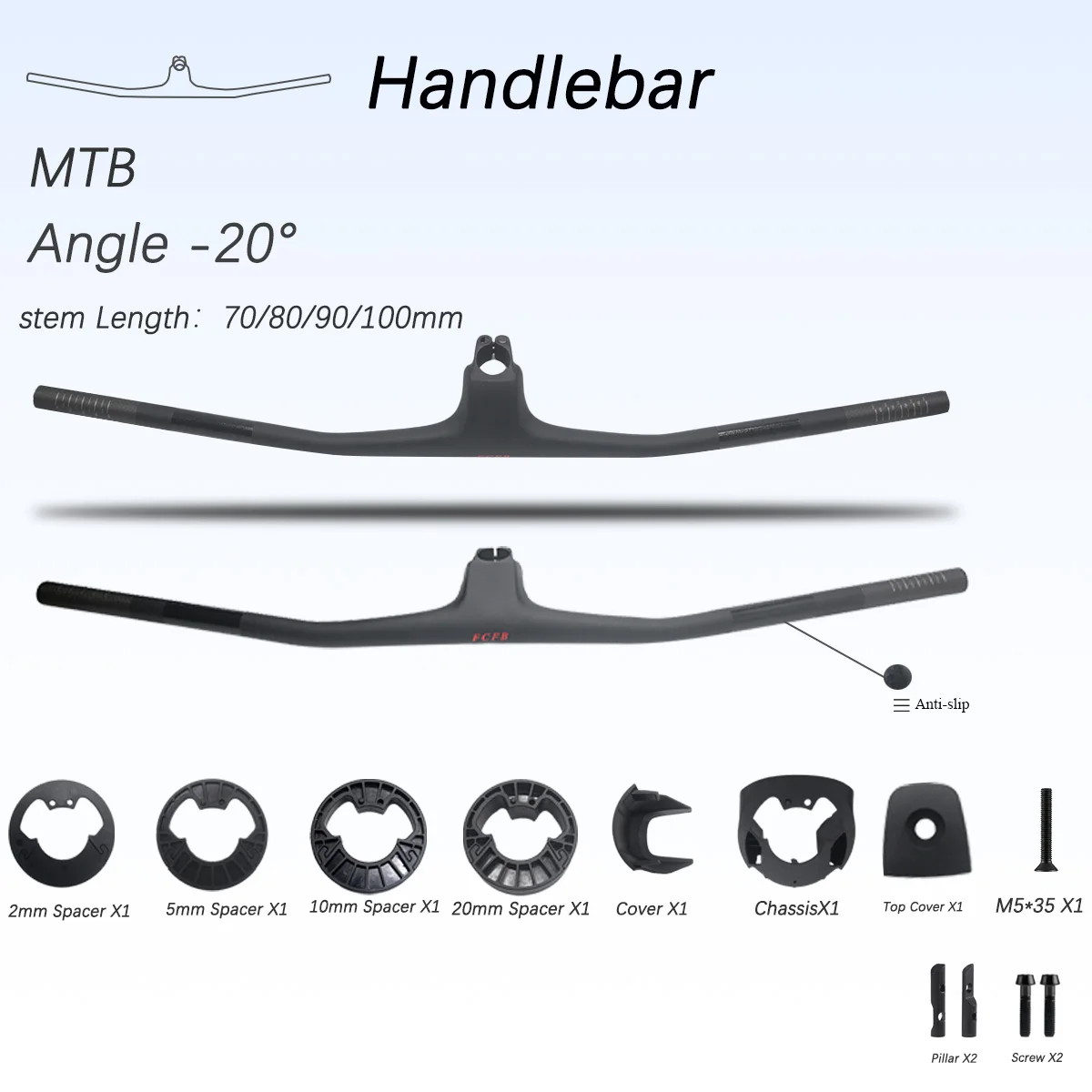 

FCFB XC Integrated Handlebar -20 Deg Stem Angle for MTB, Full Carbon Fiber Semi-Internal Cable Routing for XC Race