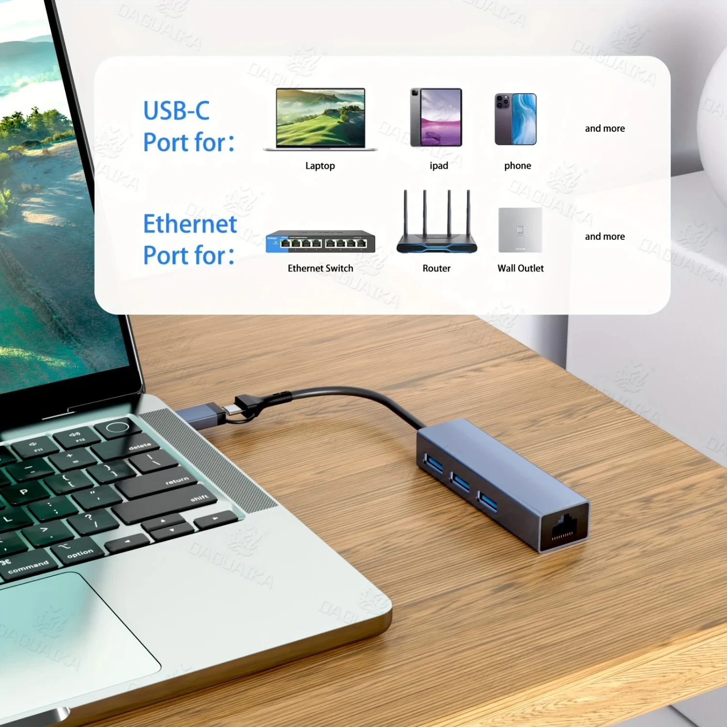 USB-C to Ethernet Adapter,with RJ45 Gigabit,USB-C to Network Adapter Multiport  MacBook Pro/Air,  Pro, Surface Laptops