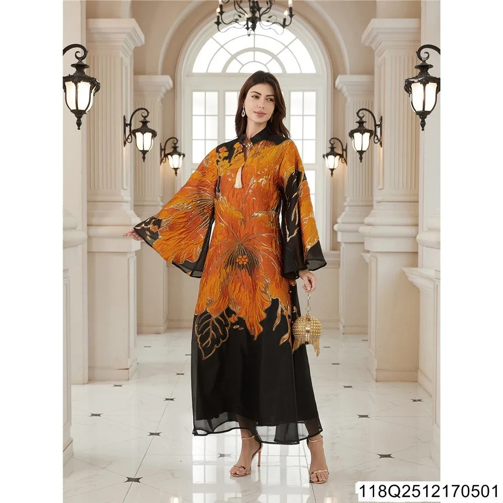 

New Middle Eastern Creative Floral Art Pattern Muse Robe Dress in Stock 118Q25121705