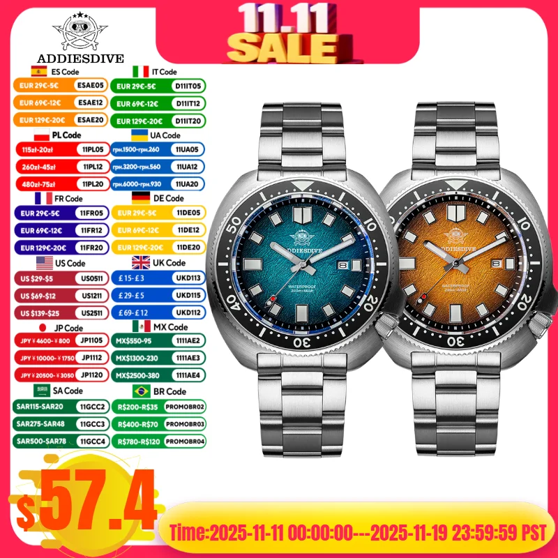

ADDIESDIVE reloj hombre Men Watch Abalone Dive Watch AD2511 20Bar Waterproof Sapphire Crystal 316L Stainless Steel Quartz Watch