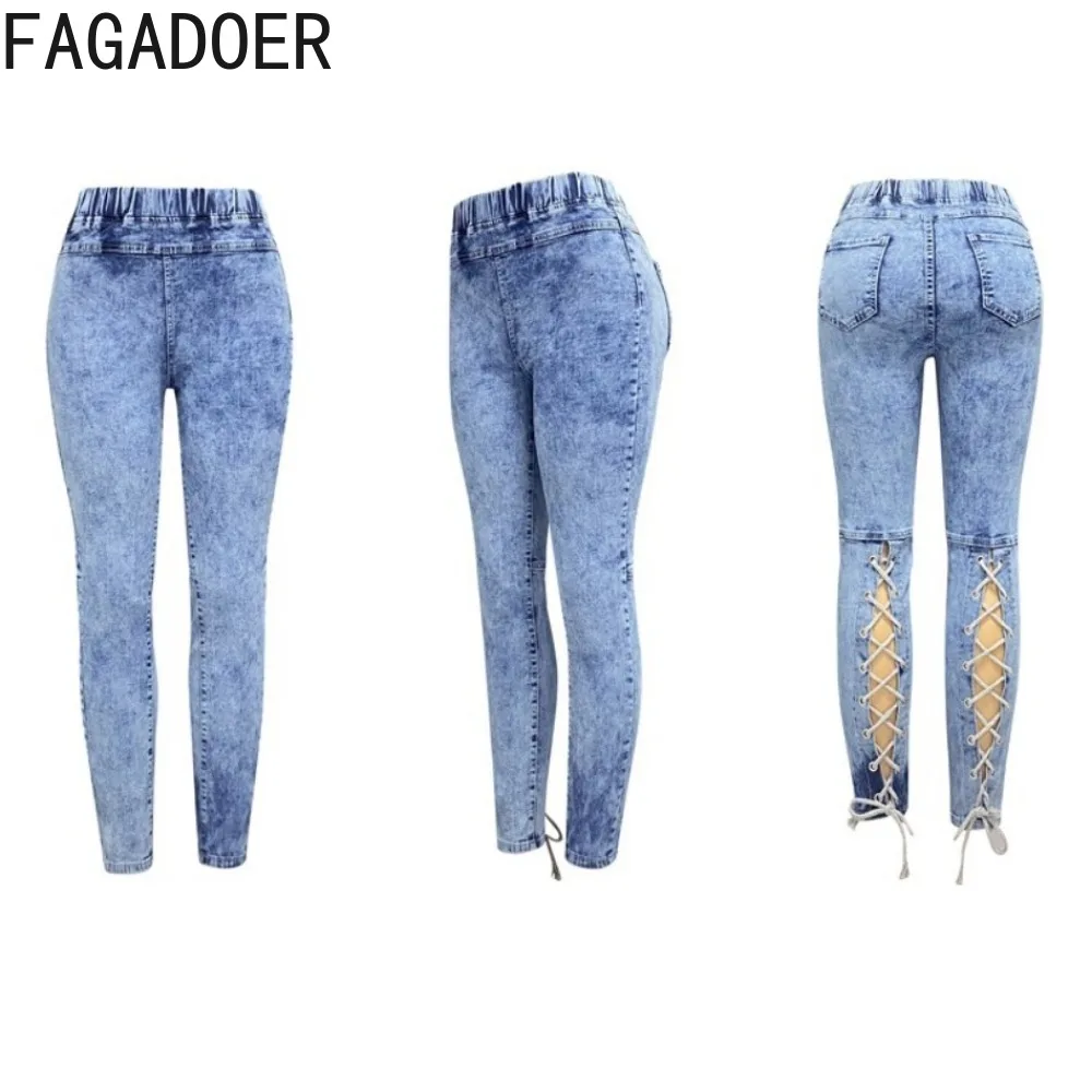 FAGADOER Blue Denim Fashion Solid Bandage Hollow Skinny Pants donna vita alta Skinny Jean pantaloni Casual da Cowboy femminile