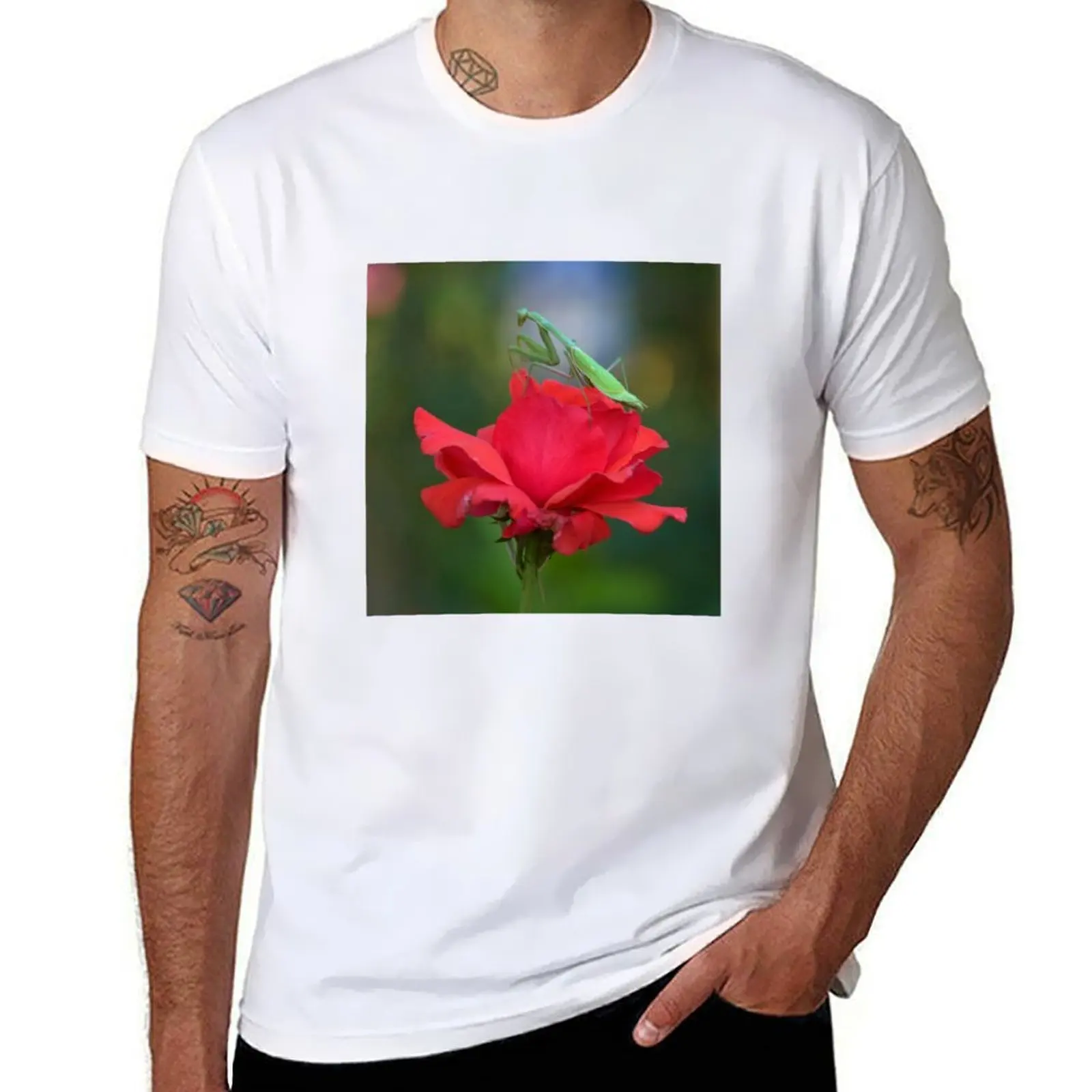 

Praying Mantis on Coral Rose T-Shirt t shirt custom print funny t shirts man T-Shirt