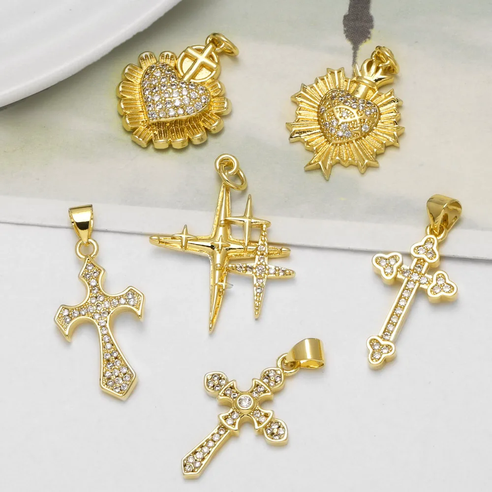 OCESRIO Crystal Star Pendant Brass Gold Plated North Star Cross Charms DIY Necklace Bracelet Jewelry Making Supplies chma093