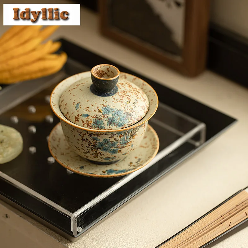 170 مللي تتبع الذهب الأزرق والأبيض النار الحجر الأحمر تحوم Gaiwan الفاخرة الشاي تورين وعاء الشاي مع غطاء عدة صانع الشاي غطاء السلطانية المقاهي #6