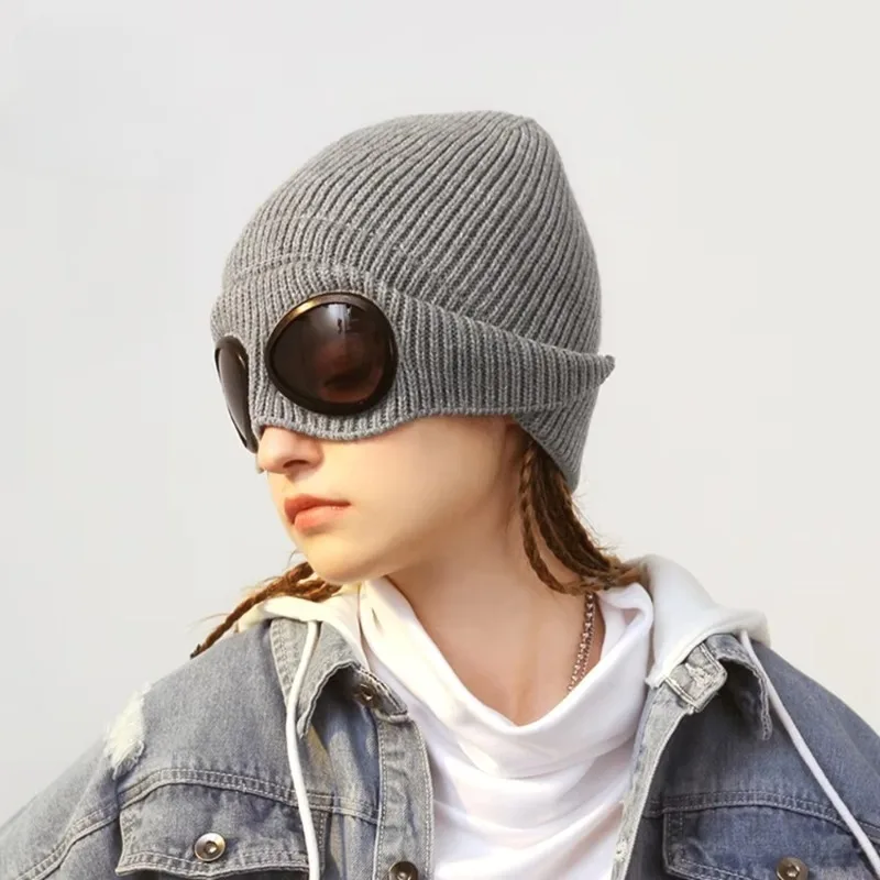 Knitted Goggles Hat Windproof Warm Woolen Hats Elastic Soft Warm Anti-slip Ear Protection Unisex Crew Hat For Men and Women