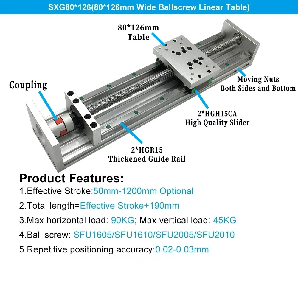 100mm Width Double Linear Guide Sliding Table1605/1610 BallScrew 50-1200mm Stroke Platform XYZ Axis Stage Actuator CNC Router