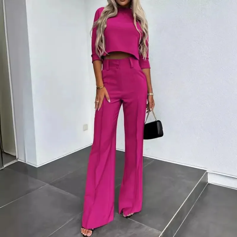 

2026 Spring Women Casual Long Sleeve T-shirt Crop Tops And Pant Sets Outfit Trend Elegant 2 Piece Sets Office Lady Suits
