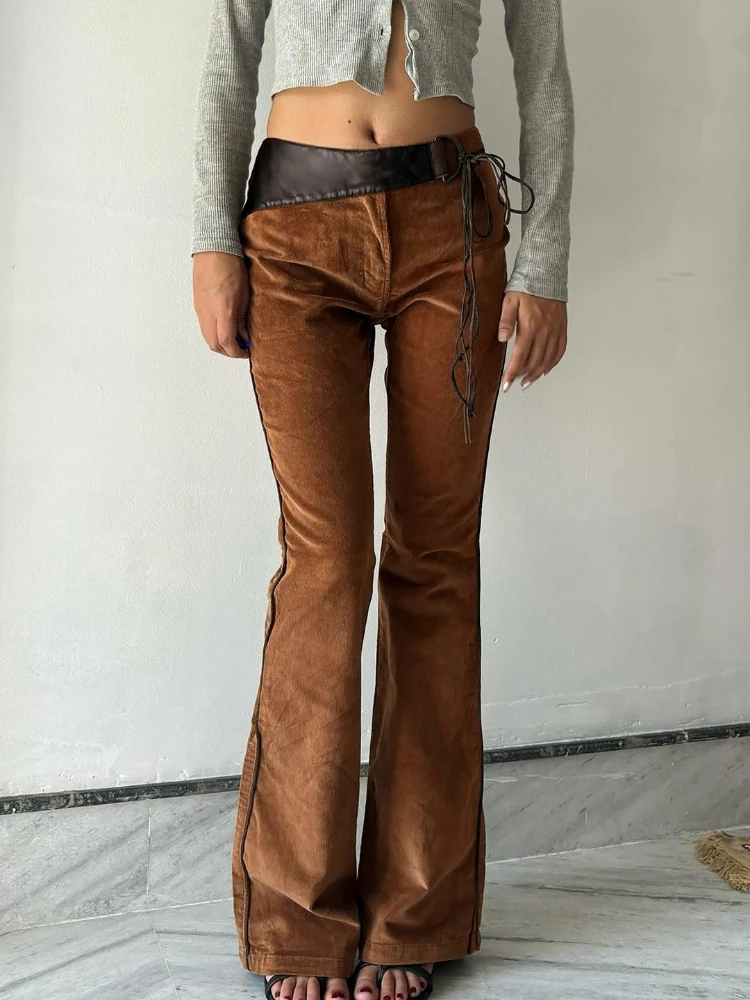 SsTss خمر الموضة الأمريكية براون سروال قصير مضيئة السراويل عالية الشارع بولي Leather الجلود المرقعة التعادل متابعة الخصر بنطلون طويل للنساء #1