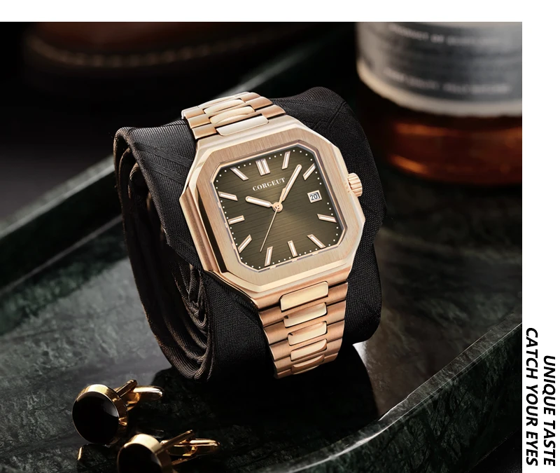 Customized Logo 44.5MM Mechanical Square Steel Case Aseptic Watch Automatic Movement NH35 Fashion Date Gift Men's Watch Corgeut