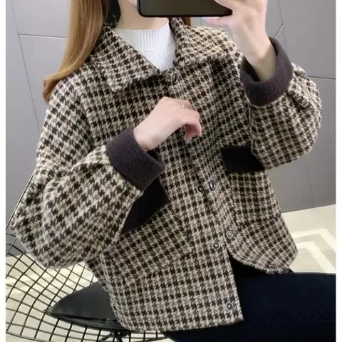 

2025 New Plaid Woolen Coat Women's Faion Commute Sle Loose Fit Long Sve Collar Single Button Thin Autumn Winter O...
