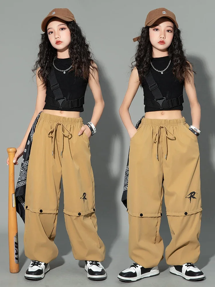 Modern Dance Clothing Stage Performance Suit New Jazz Costume Girls Summer Hip Hop Clothes Black Vest Khaki Pants Kids