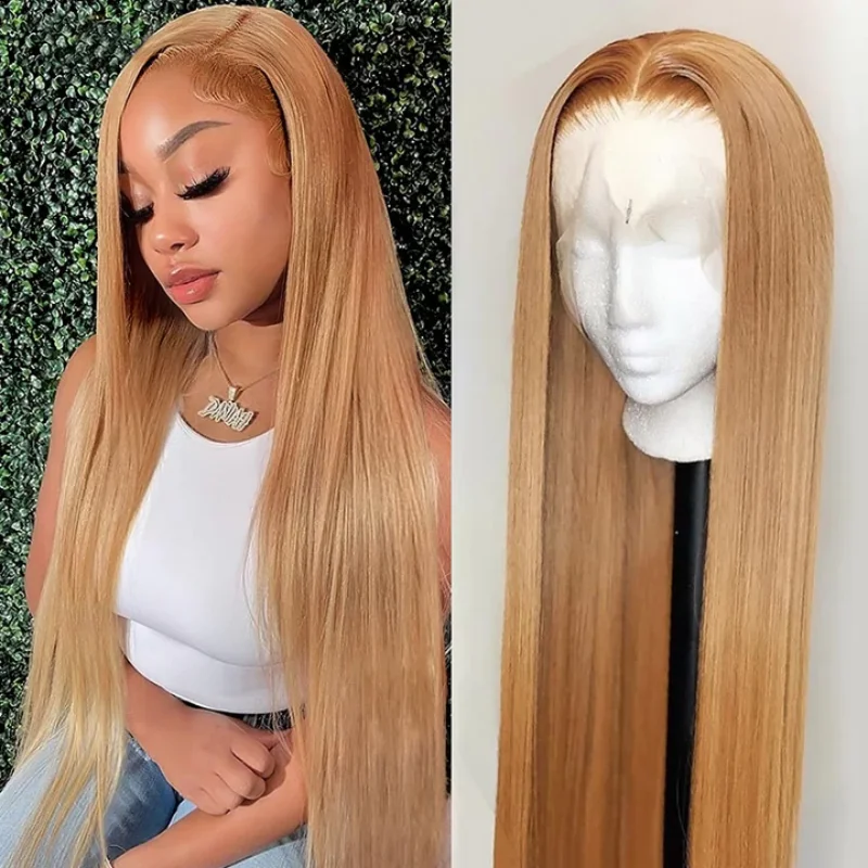 Peruca frontal de renda loira mel reta para mulheres, perucas dianteiras sintéticas marrons, linha fina pré-arrancada com cabelo de bebê