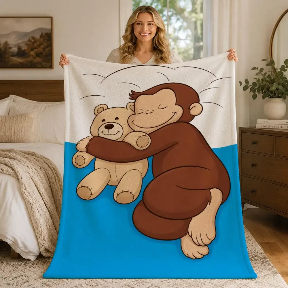 Cute Bear and Monkey Embrace Throw Blanket Cozy Plush Nursery Decor Gift for Baby Shower