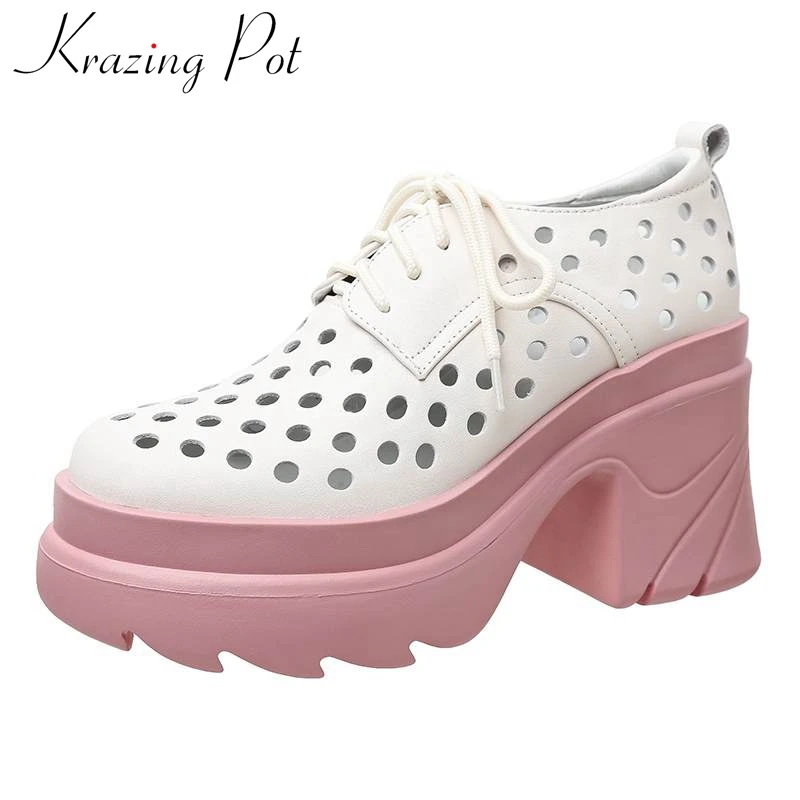 Krazing Pot Genuine Leather Super High Heels Platform White Sneakers Round Toe Summer Lace Up Hollow Concise Leisure Women Pumps