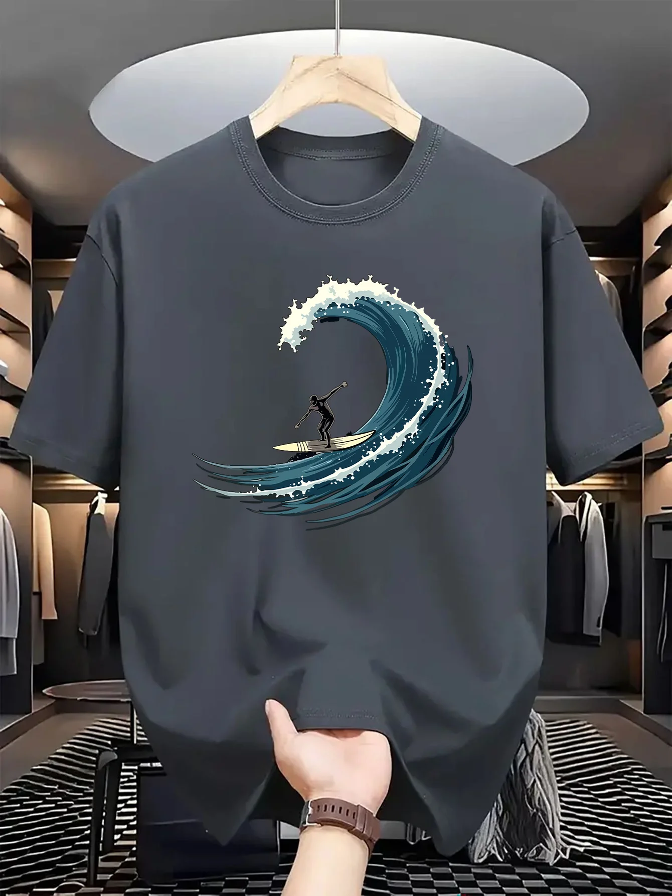 Men's Surf Graphic T-shirt Blue with White Wave Surfer Print Design Casual Round Neck Breathable Street Hip Hop Short Sleeve