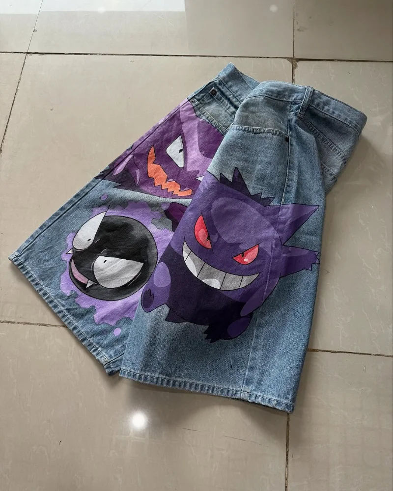 Y2k الشرير الرجعية الرجال والنساء الجينز موضة جديدة الشارع الشهير الربع السراويل القوطي Harajuku الهيب هوب الكرتون طباعة عادية فضفاض السراويل