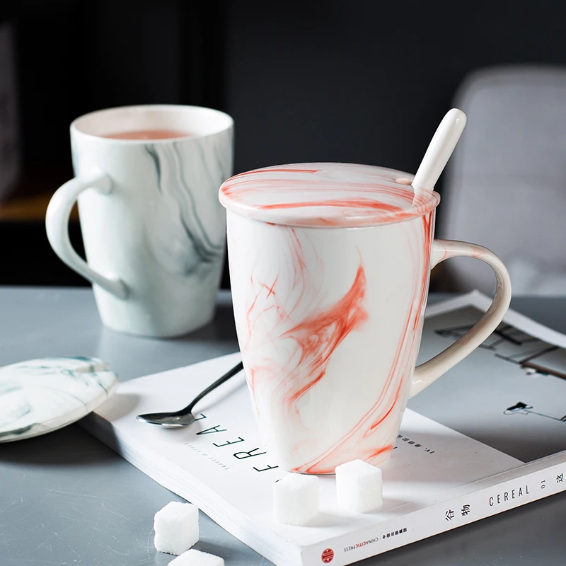 

500ml Marble Texture Mug Square Cup Men's And Women's Water Cup Ceramic Nordic Simple Cup Large Capacity Scoop With Lid