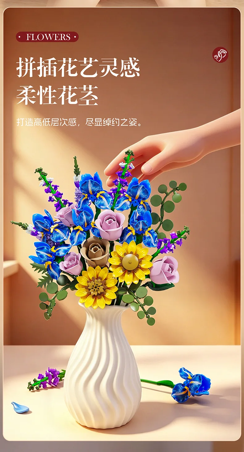 Blumen-Bausteine, Orchidee Cymbidium, Ewiger Blumenstrauß, Bausatz, botanisches Rosen- und Gänseblümchen-Modell, Mini-Bausteine, Spielzeug zur Heimdekoration – Detail 7