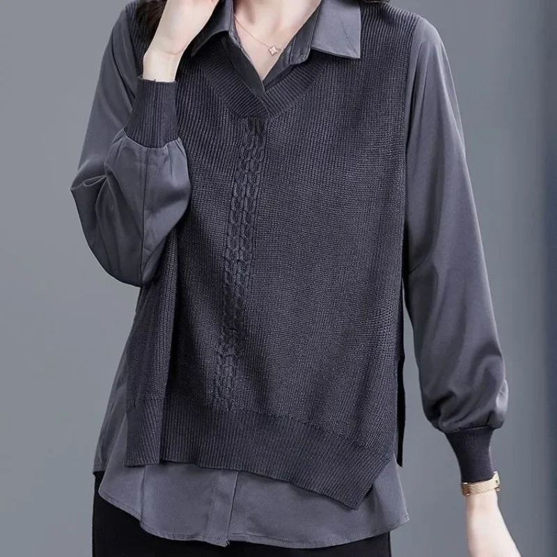 

Spring and Autumn Women's Pullover Button Solid Color Splice Loose Fit Long Sleeve Sweater Underlay Casual Elegant Commuter Tops