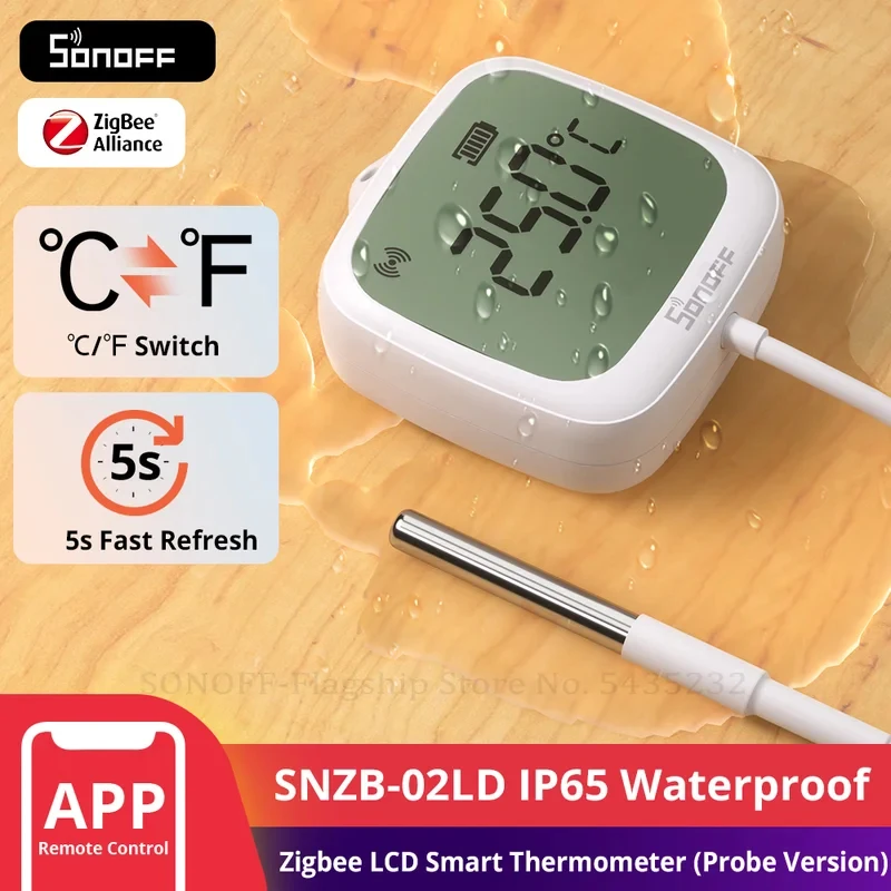 SONOFF SNZB-02LD IP65 Zigbee LCD Smart Thermometer With Probe Detect Pool Bathtub Fridge Freezer Liquid Temperature Measurement