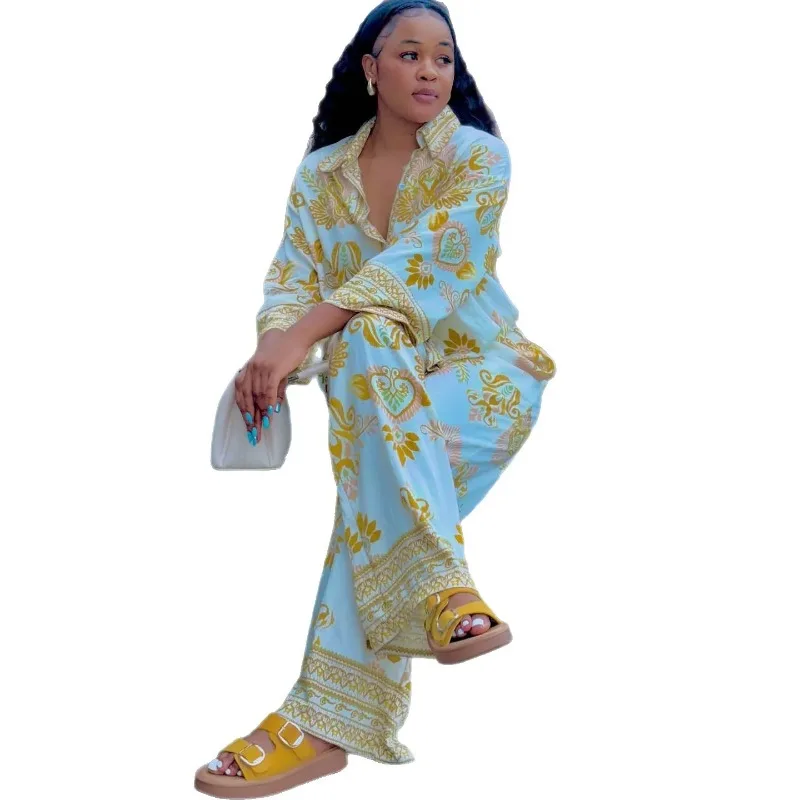 Mulheres duas peças conjuntos de calças impressão conjuntos de correspondência mangas compridas botão turn down collar superior calças de cintura elástica solta 2025 verão