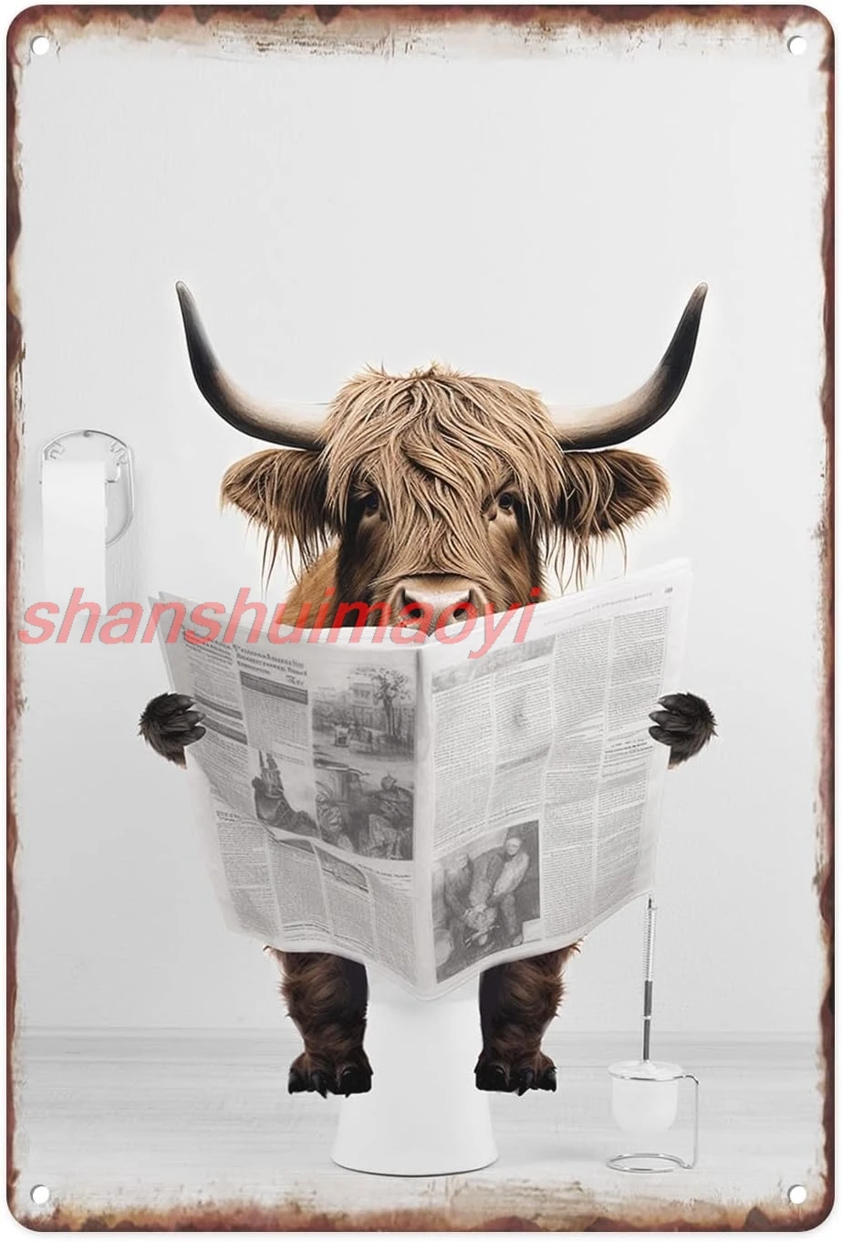 Britimes Highland Cattle Sitting on the Toilet Reading Newspaper Vintage Metal Tin Signs, Funny Sign for Home, Bathroom, SHANSUI