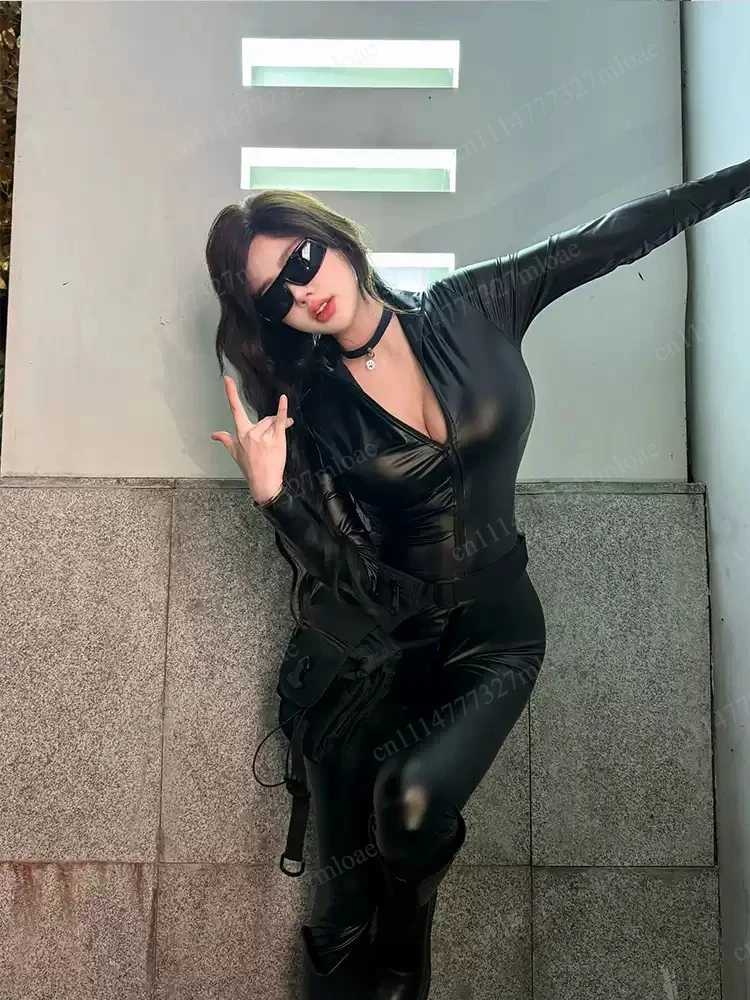 Sexy patent leather onesie black agent uniform plus size, Catwoman cos nightclub queen uniform tights leather jacket