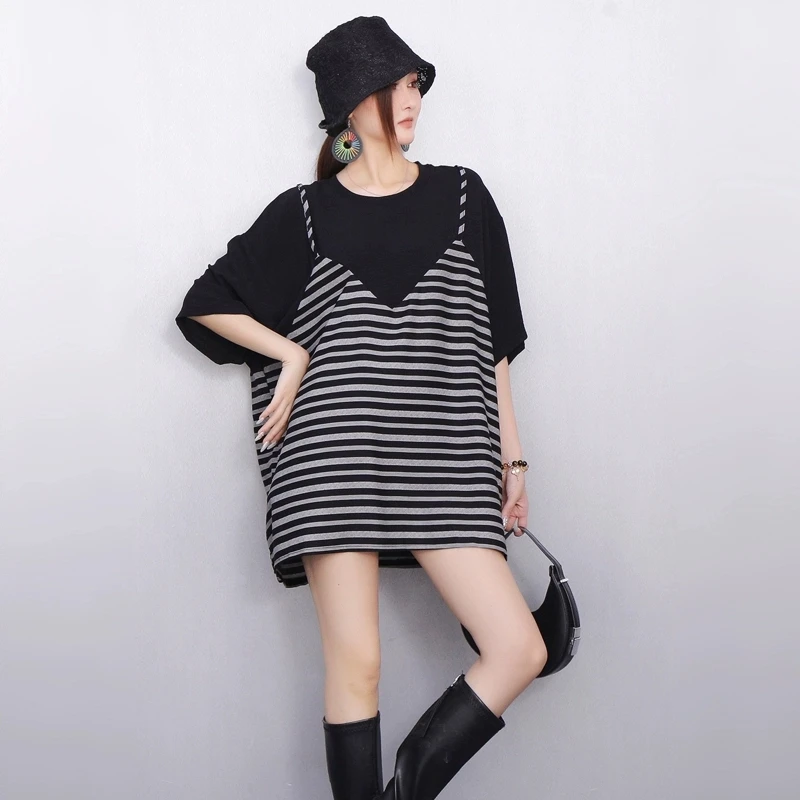 

2025 Summer New Women Strap Splicing Loose O-Neck T-shirts Short Sleeve Top Female Wholesale J1253
