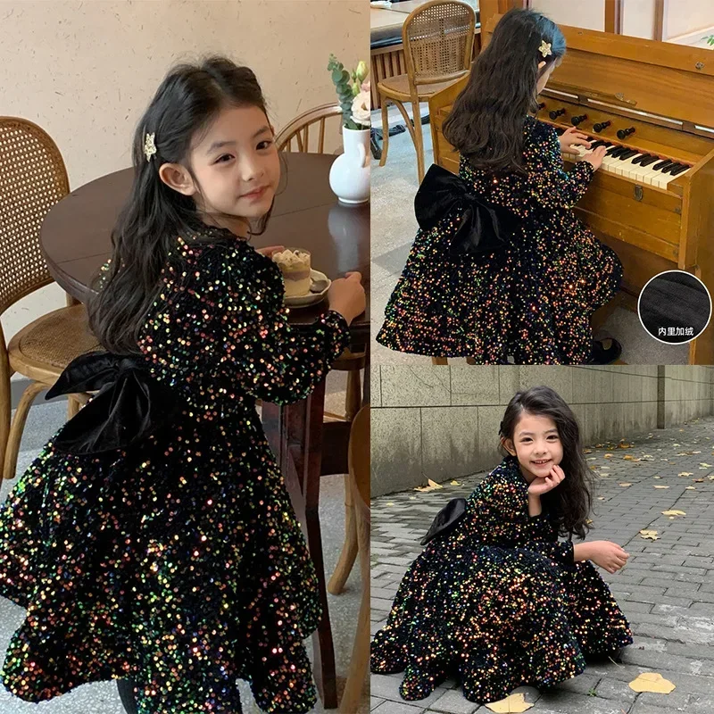 

2025 Spring Autumn New Girl Dress Fleece-Lined Princess Velvet Sequined Dresses Birthday Party Costume Children Clothes Vestido