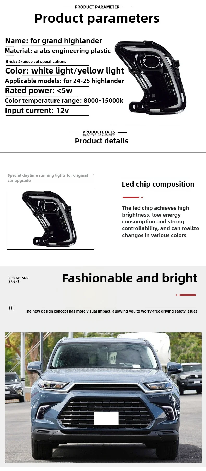 Car LED Daytime Running Lights DRL Front Bumper Fog Lamps Modified Turn Signal Daylights for Toyota Grand Highlander 2024 2025 detail image 2