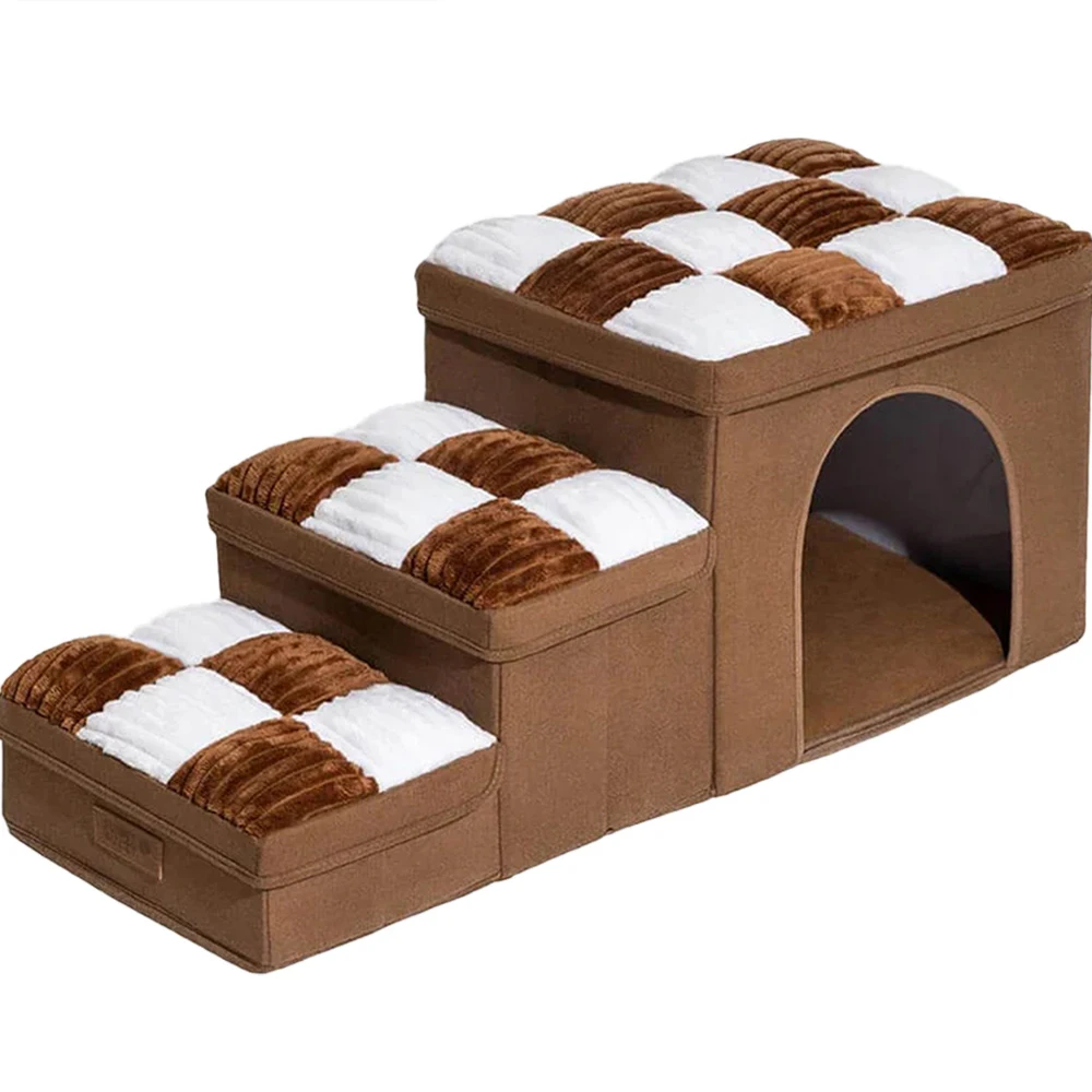 3 Steps Folding Dog Step Stairs Foldable Chessboard Handcrafted Dog Stairs With Storage and Condo Dog Bed for High Bed & Sofa