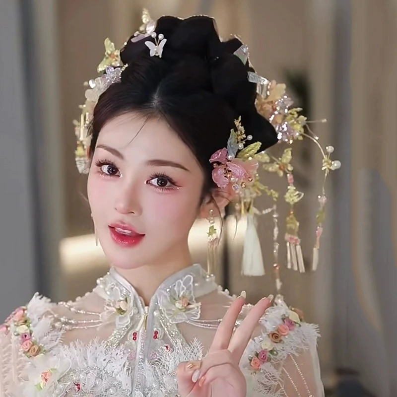 

Pink Retro Style Hanfu Bride Wedding Headdress Butterfly Ancient Costume Sweet Palace Hairpin Hair Accessories