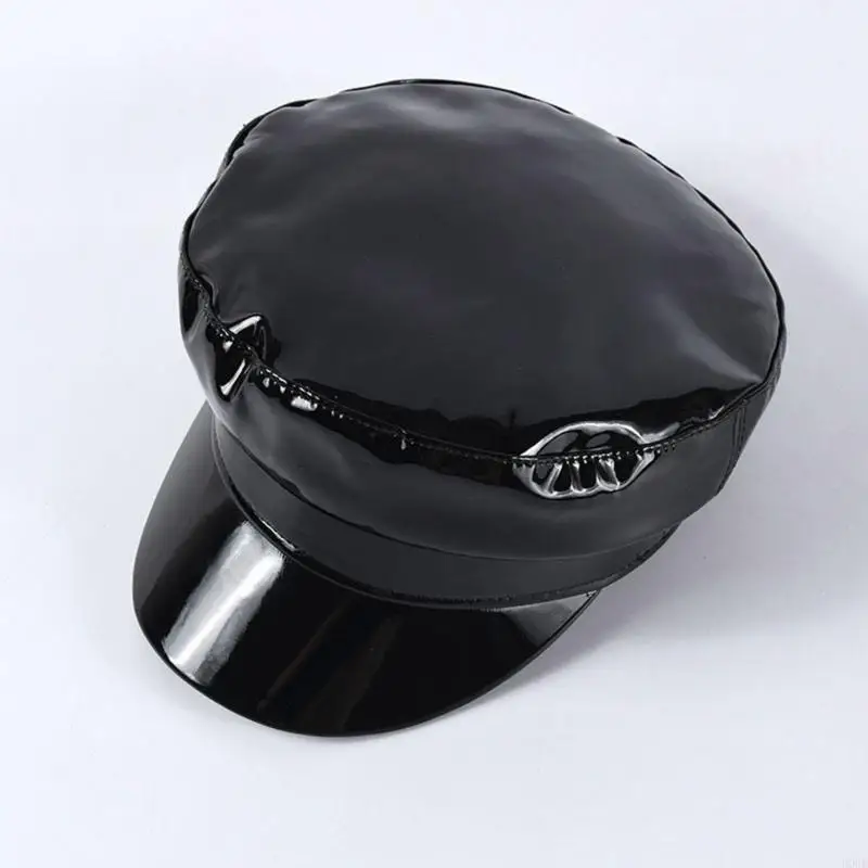 PU Painter Hat Flat Hat British for Dating Photography Cabbie Headwear Painter Hat Glossy Black Hat