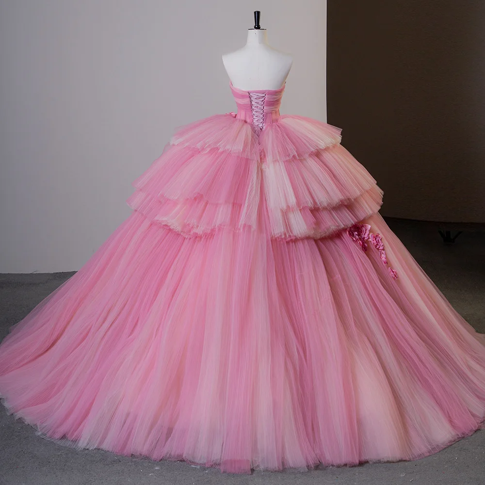 Superfine Pink Shiny Tiered Quinceanera Dress Strapless 3D Flower Tull Vestidos 15 De XV Años XV Brithday Sweet 16 Dress