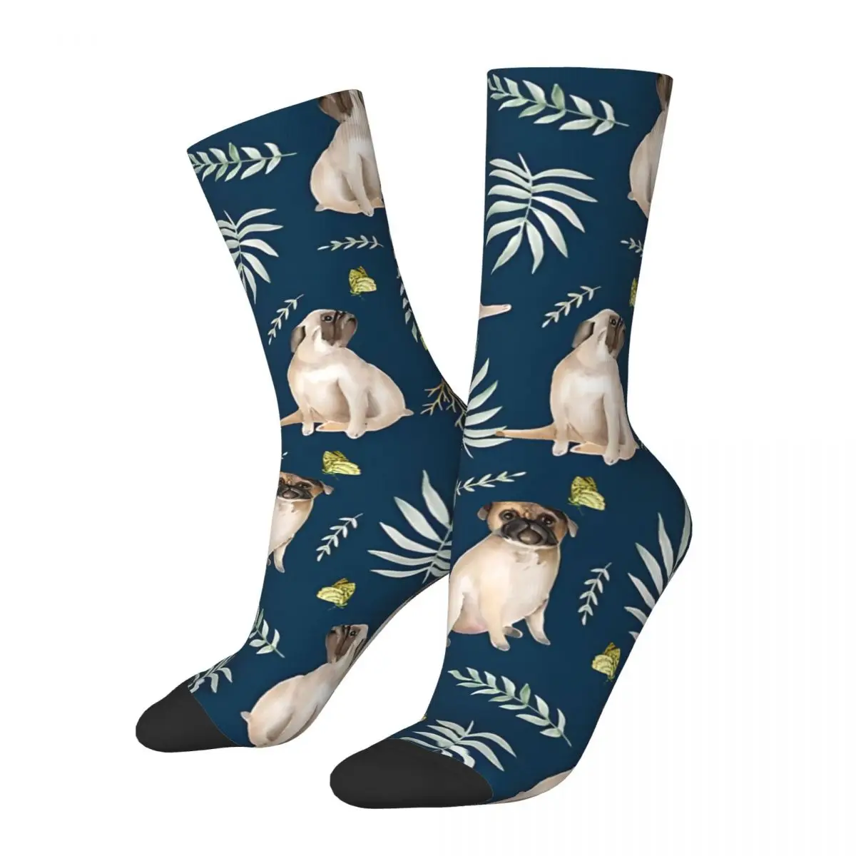 Pugs And Butterflies. Blue Pattern Men's Socks Vintage Harajuku Street Style Novelty Seamless Crew Sock