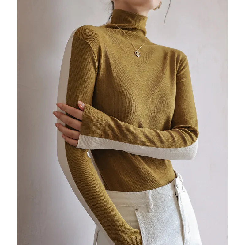 Autumn and winter threaded pile collar high collar women\'s color-blocked slim long-sleeved front and back base layer