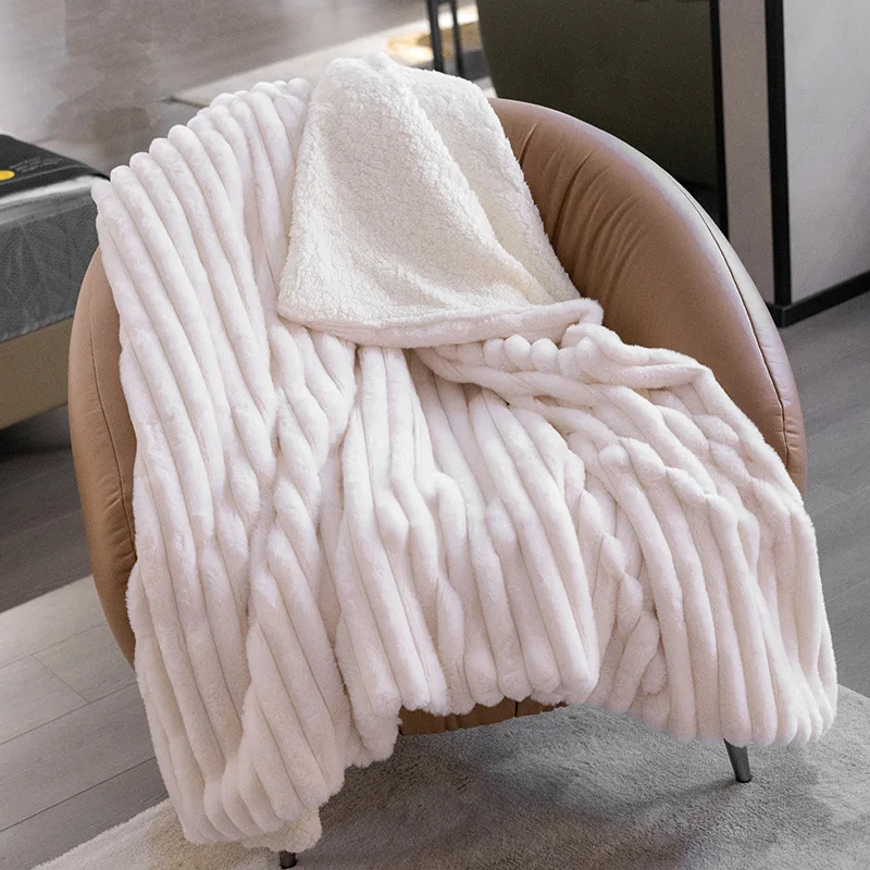 Thick Solid Faux Rabbit Hair Ribbed Blanket Simple Soft Office Nap Sofa Blankets Skin-Friendly Fluffy Autumn and Winter Quilt