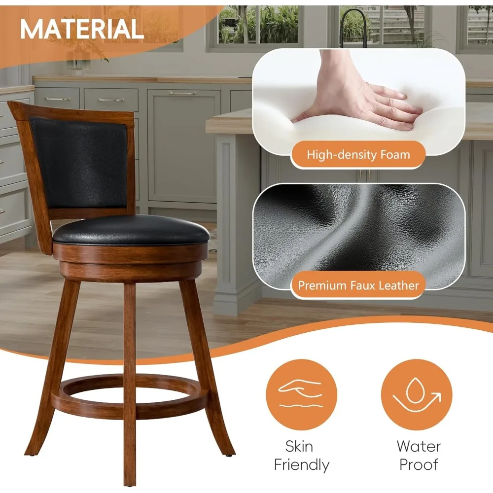 Set of 2 24 High Swivel Bar Stools with Backrest and Faux Leather Seats for Kitchen Island