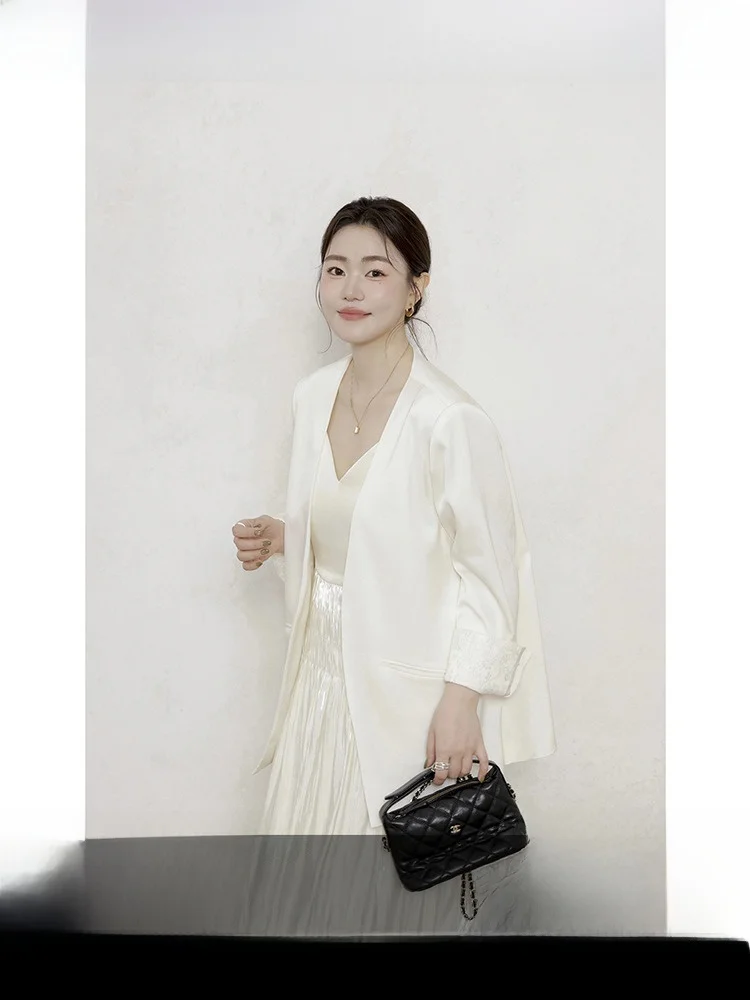 

Ele Casual Acetate Satin Red Carpet Bla Label Suit Jaet Luxury Feel Top Women's ort Outerwear Long Sve Buttoned