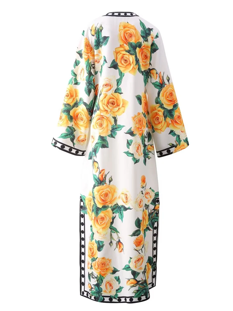 SEQINYY Elegant Long Dress Summer Spring New Fashion Design Women Runway Flare Sleeve Vintage Flower Print Split Sicily