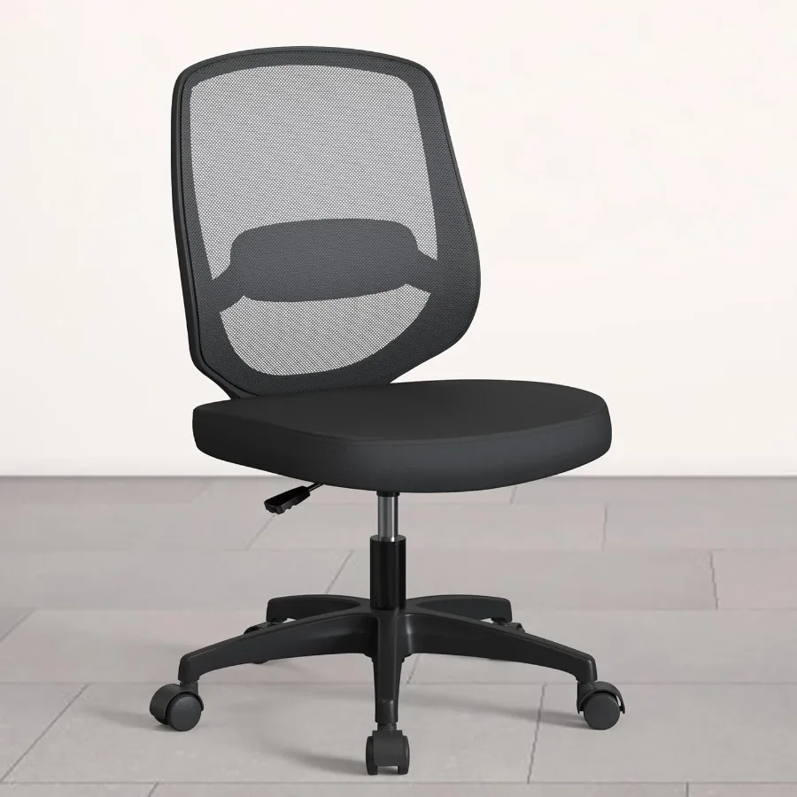 Armless mesh ergonomic office chair, suitable for computer desks, height adjustable, with lumbar support.