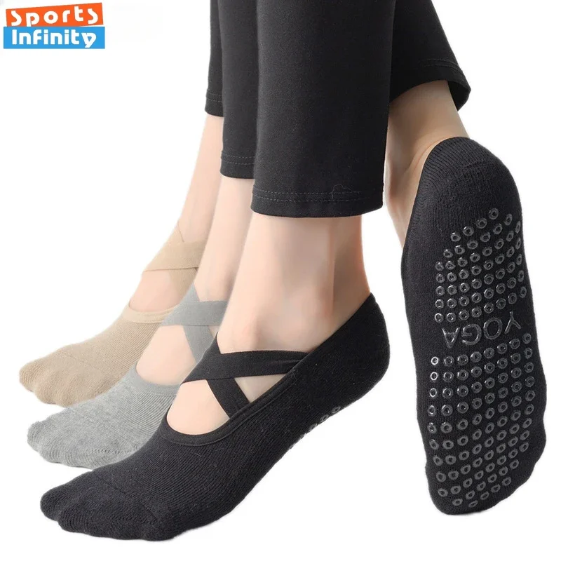 Combed Cotton Towel Bottom Cross Tie Yoga Socks Professional Pilates Socks Anti Slip Indoor Ballet Dance Fitness Sports Socks