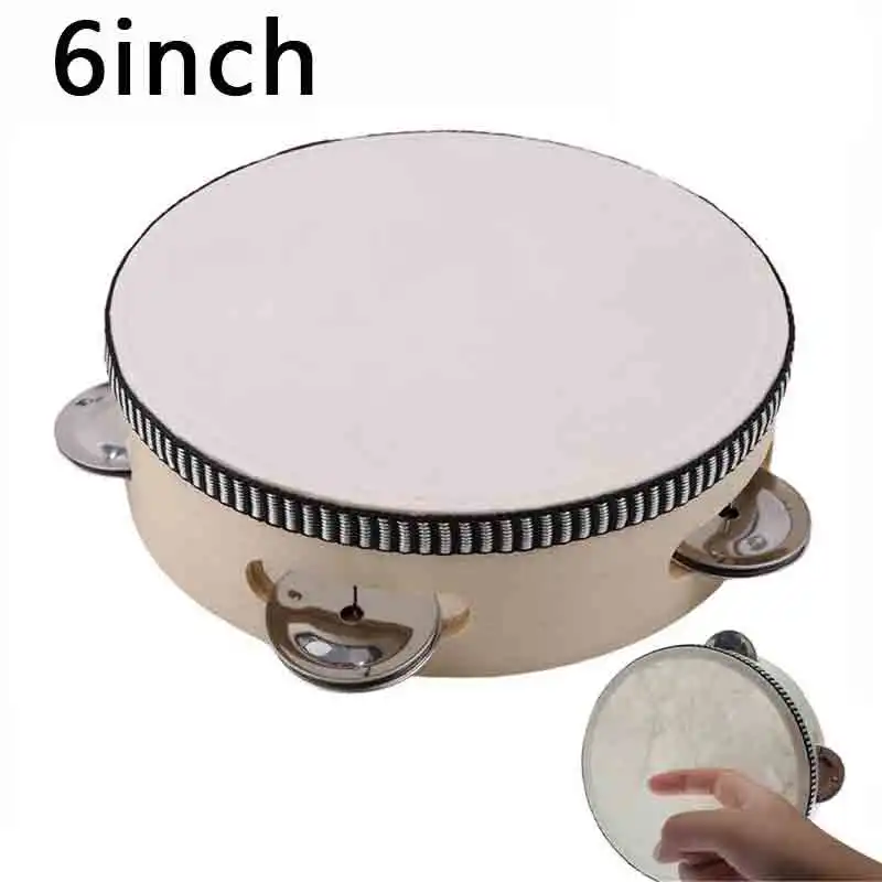 6Inch Sheep Skin Head Tambourine Drum 4 Pairs Jingles Wooden Frame Head Musical Tambourine Beat Instrument Hand Drum