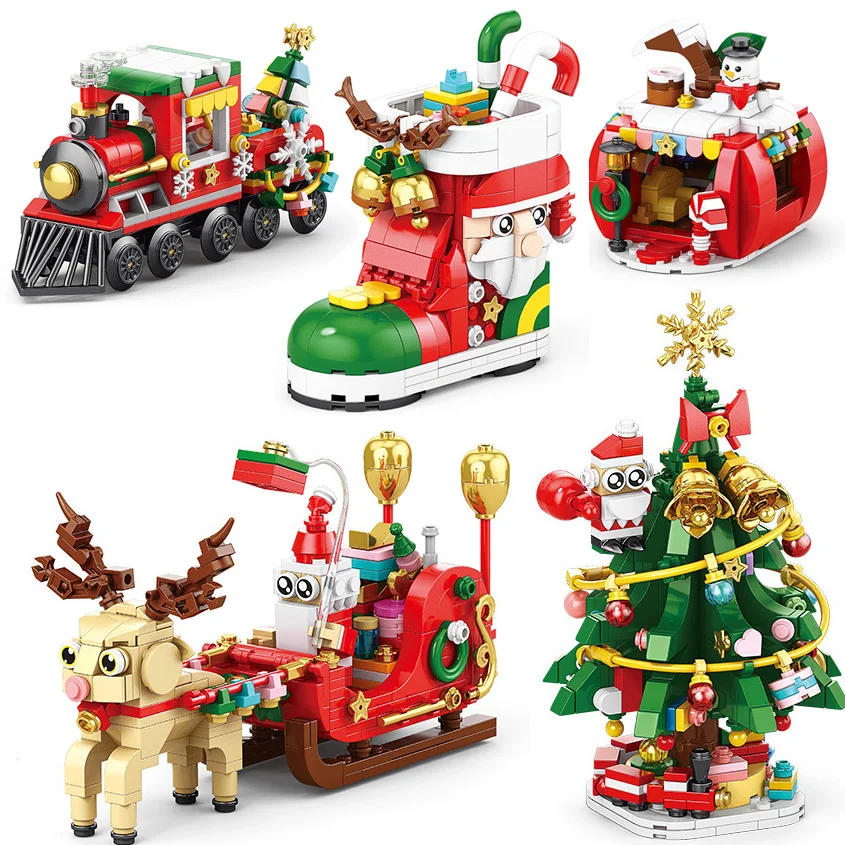 Blocs de construction MOC série de noël, Train/maison/glisser/père noël/pomme/arbre, jouets assemblés, modèle de briques, cadeaux de vacances pour enfants